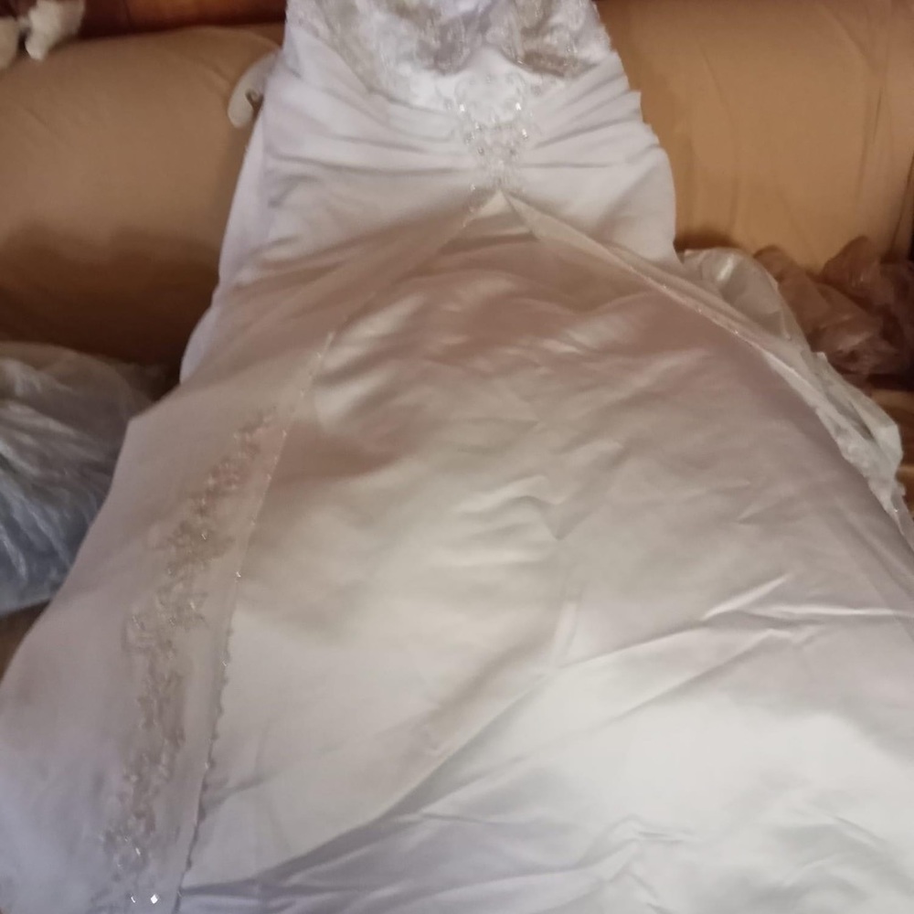 This is a brand new wedding dress for sale with the veil and shoes